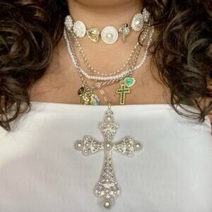 Chic Multi-Layer Silver Necklace with Cross and Heart Charms